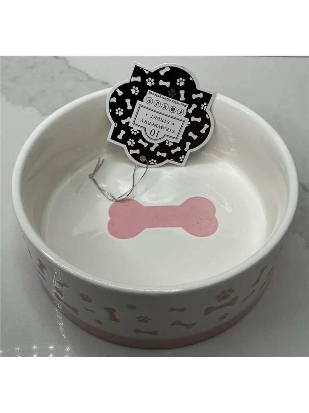 10 Strawberry Street Pet Bowl Pink Bone Embossed Ceramic New